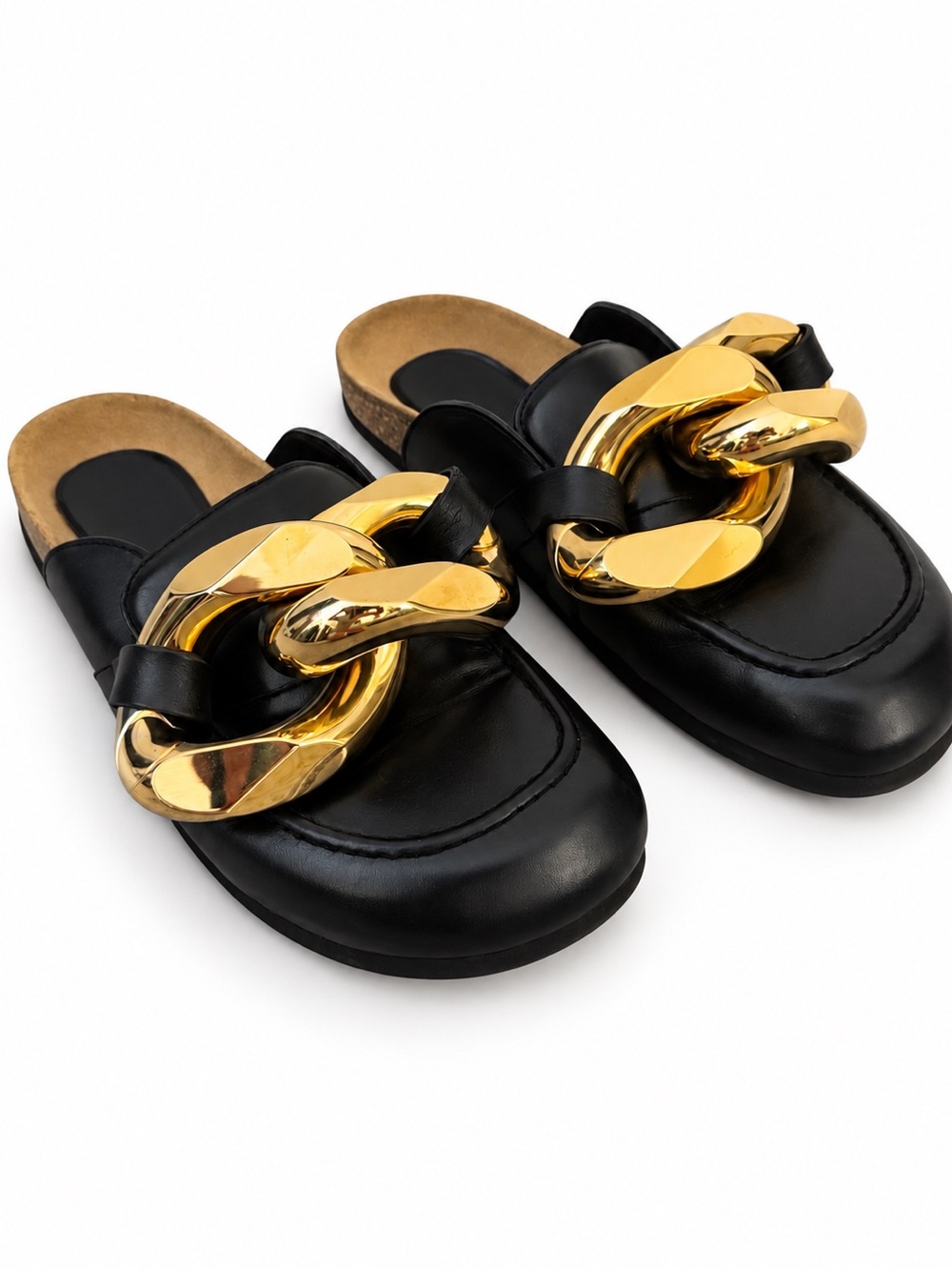 JW ANDERSON Black Leather Mules with Oversized Gold Chain
